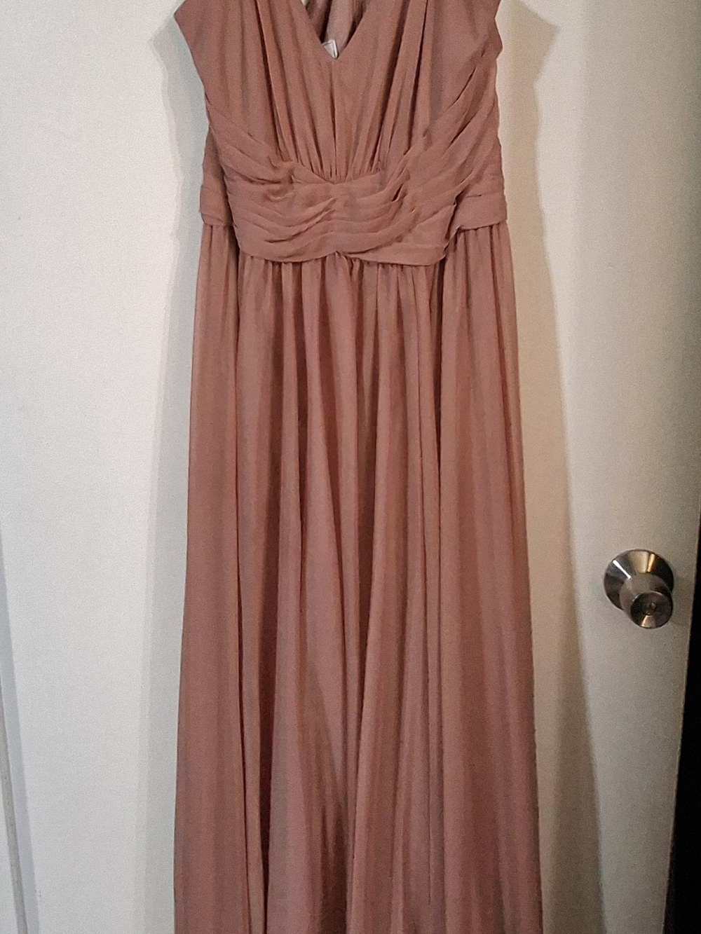 David's Bridal Blush Rose V-Neck Chiffon Gown